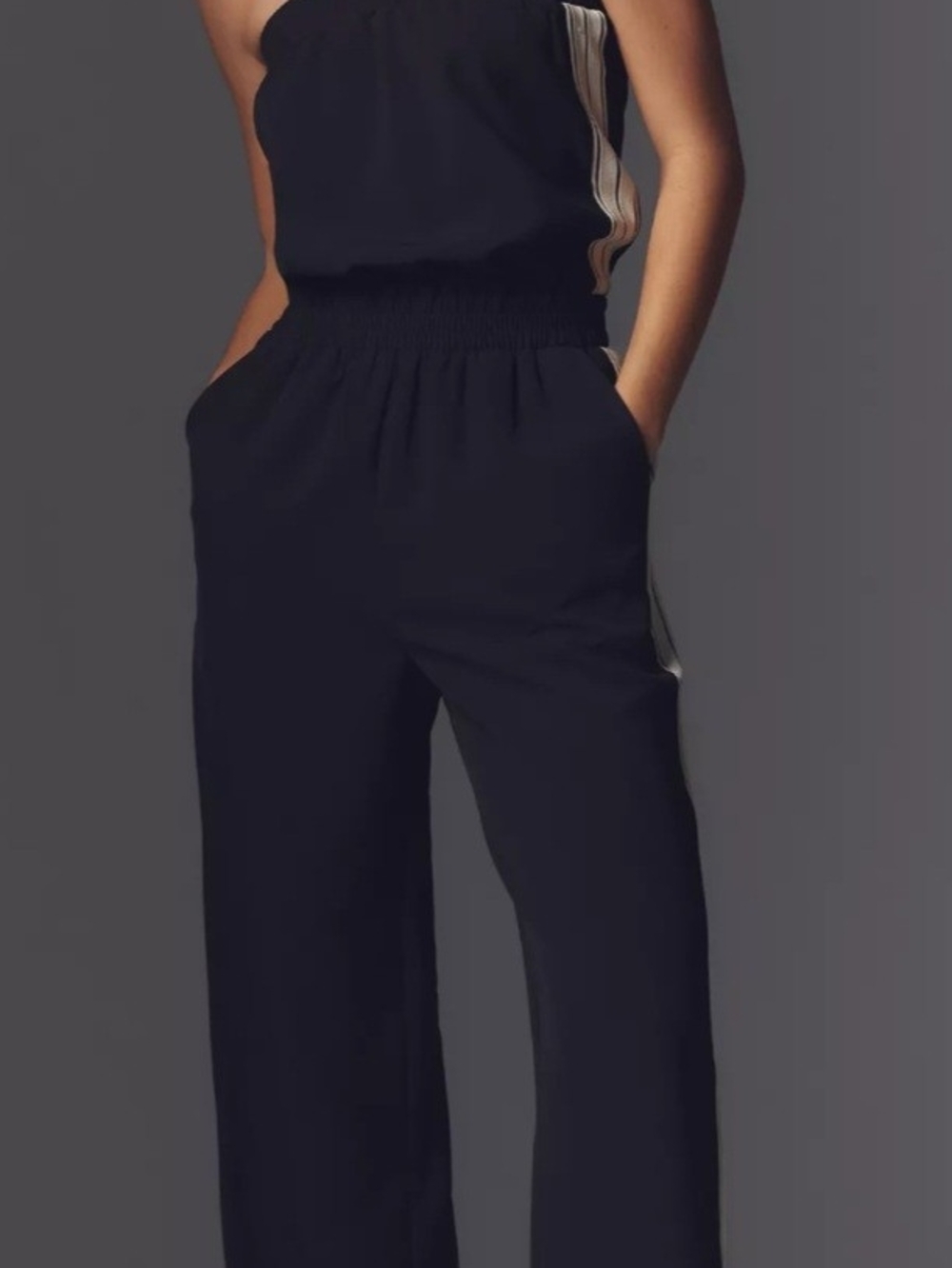 bishop + young Black Wide-Leg Jumpsuit with Cream Side Stripes